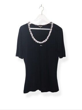 Escada Black Lightweight Short Sleeve Knit Top with Multicolor Trim Size XL